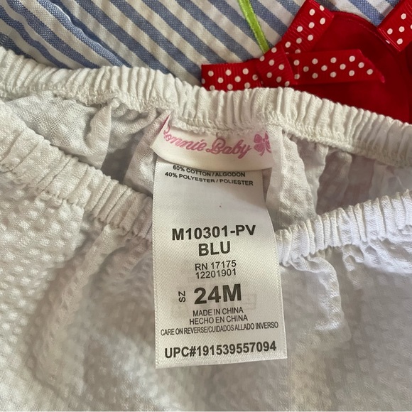 NWT BONNIE BABY 2Pc. DRESS-BLOOMERS SEERSUCKER BLUE/WHT STRIPE - Picture 4 of 8